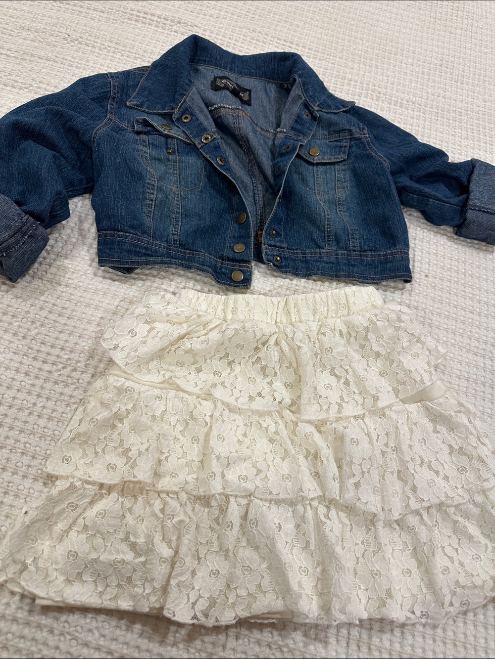 Kids Denim Jacket in Dark Blue with Lace Skirt - Unbranded